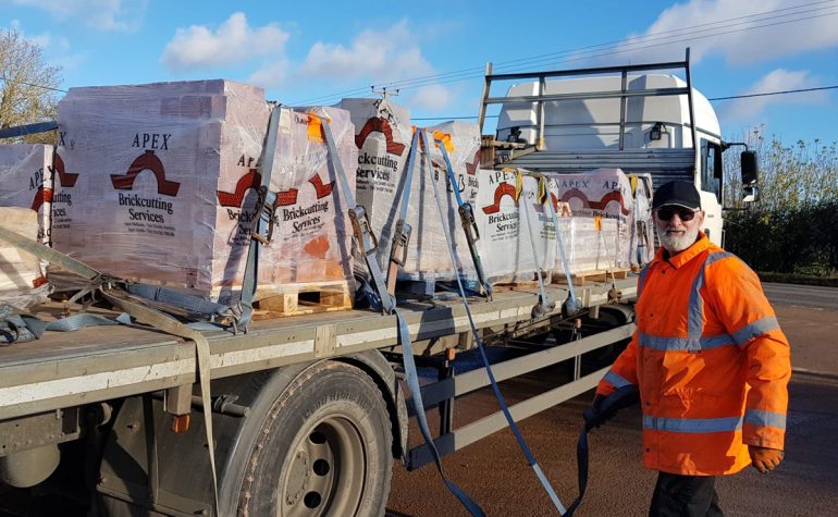 Apex BrickCutters staff preparing a lorry load of specially prepared bricks to go out to a client.