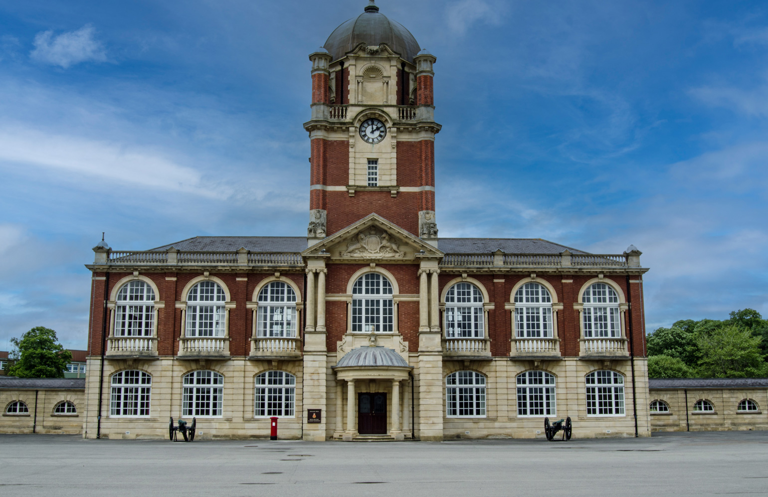 Sandhurst, a prestigious training centre for British Army officers, features distinctive and notable brickwork architecture reflecting its long-standing military tradition.