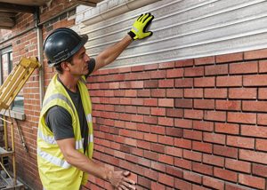 A workman on a building site uses a Brick Slip Cladding System to make slip installation faster, easier and more professional-looking